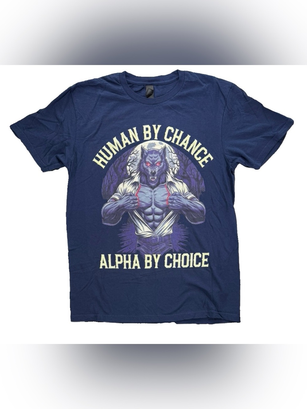 Human By Chance Alpha By Choice Wolf T Shirt Adult Medium Blue Funny Humor Meme
